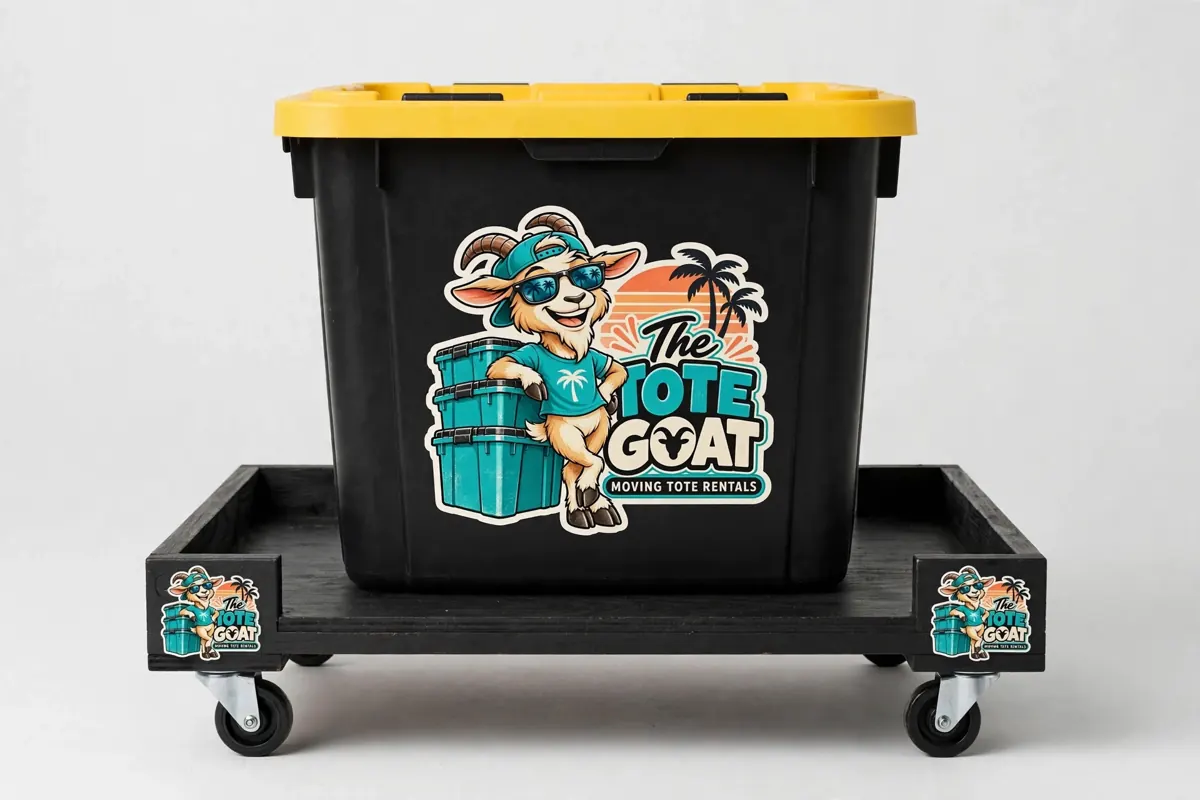 27-gallon tote on its custom black wooden dolly with caster wheels