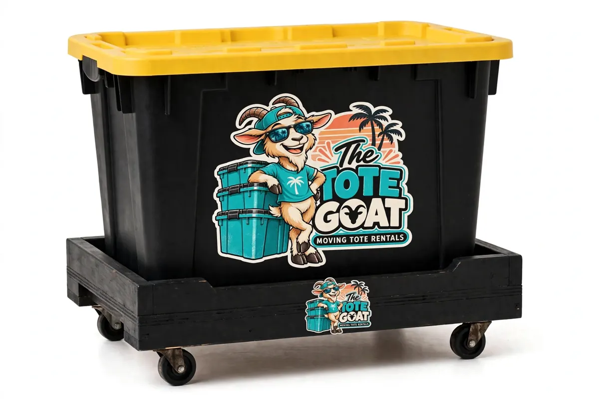 57-gallon tote on a custom rolling dolly